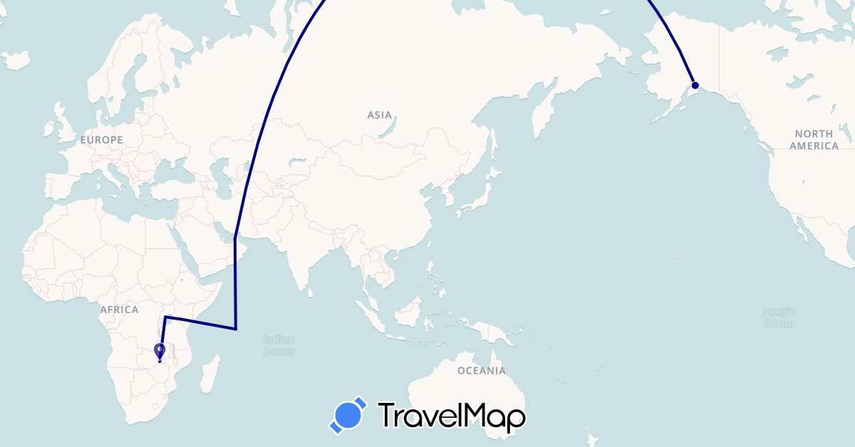 TravelMap itinerary: driving in United Arab Emirates, Kenya, Seychelles, Uganda, United States, Zambia (Africa, Asia, North America)